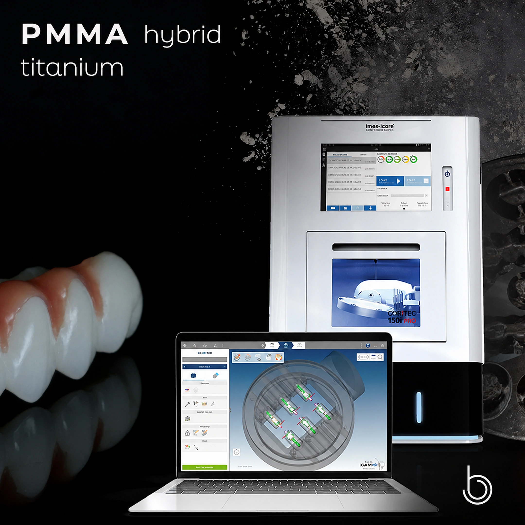 Sistema digital de planejamento protético no laboratório Brunetti, com laptop, prótese e equipamento de produção